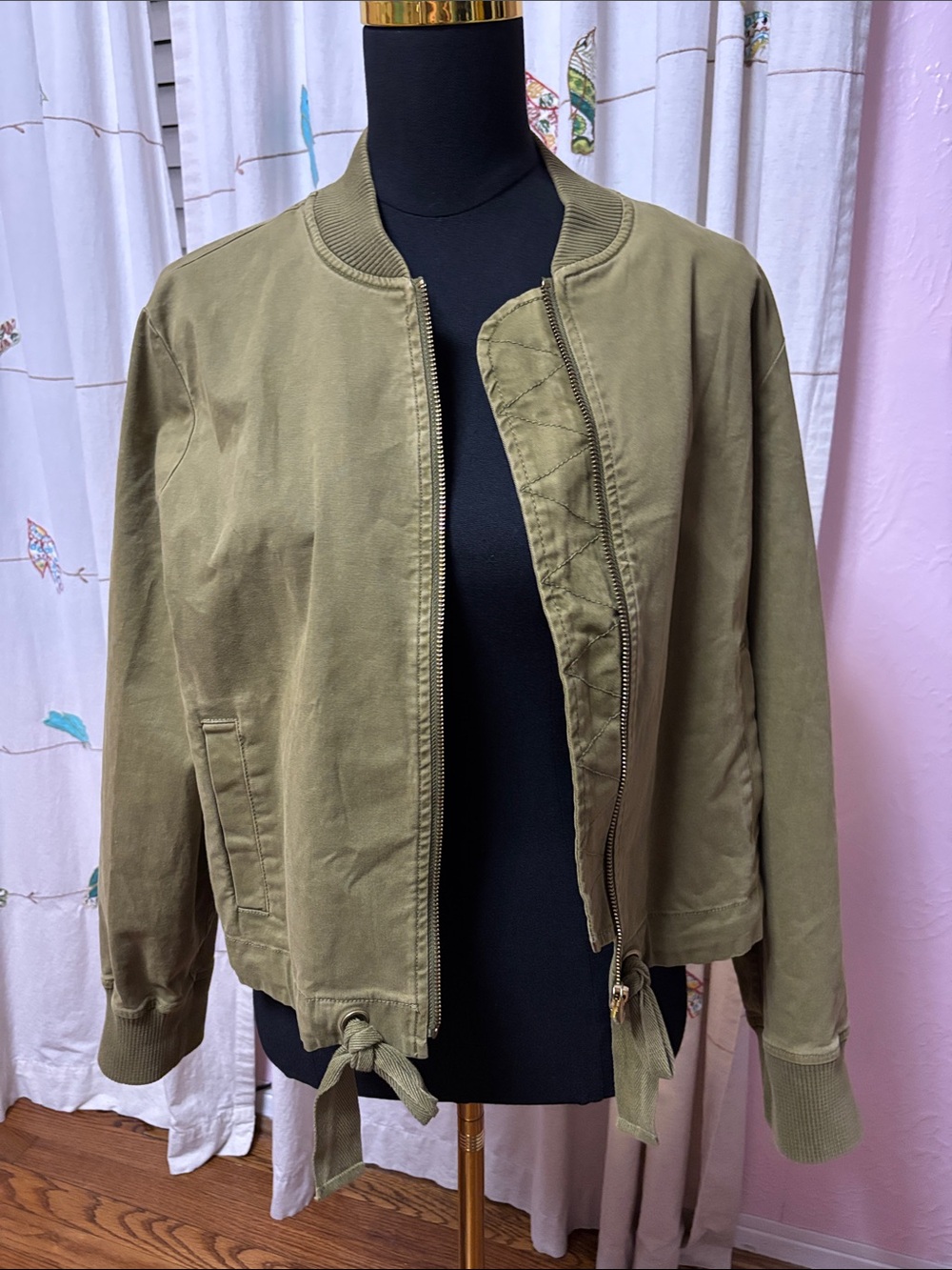 J. Crew Olive Bomber Jacket with Hem Ties